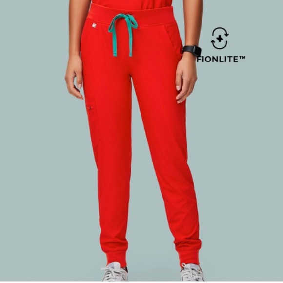 Figs Awesome Red Zamora Joggers with Teal Drawstring - Picture 1 of 6